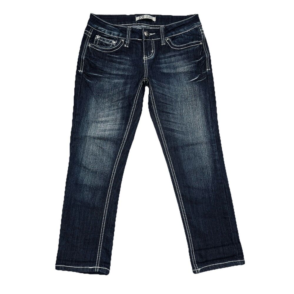 Zco Capri Jeans 3 (27x23) Dark Wash Blue Embellished Embroidered Stretch Juniors